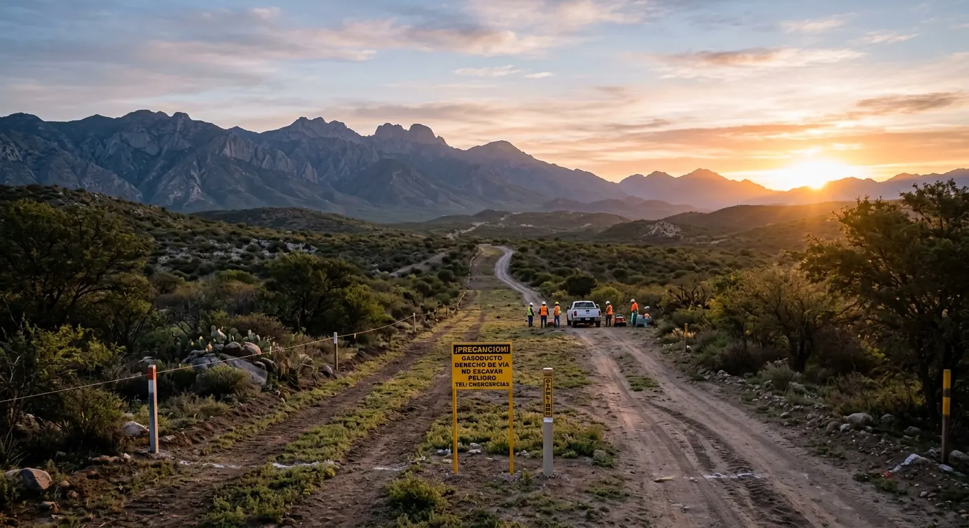 Camino de terracería sobre un derecho de vía al atardecer, con señalamientos y una cuadrilla al fondo
