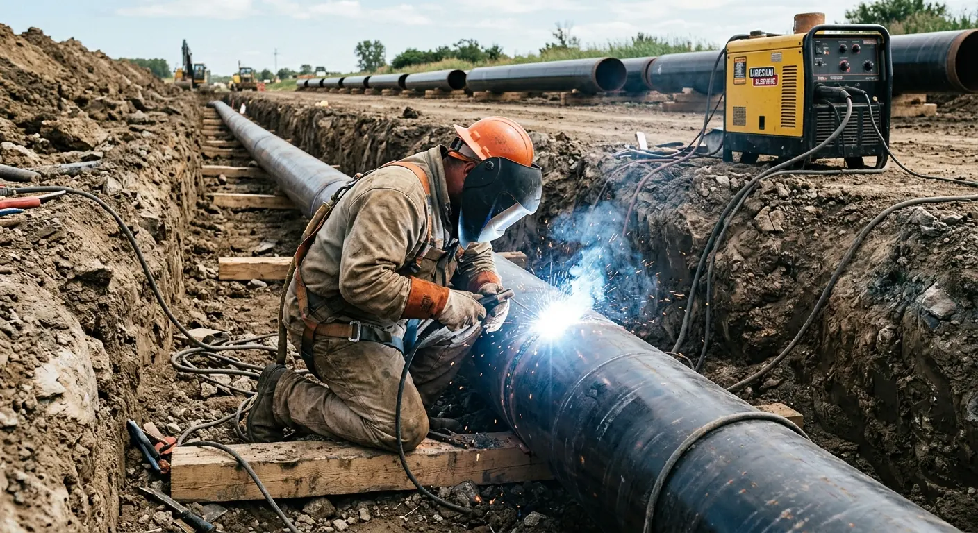 Soldador trabajando sobre un ducto en una zanja